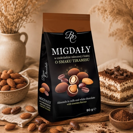 Migdały w czekoladzie mlecznej i białej o smaku tiramisu 80g